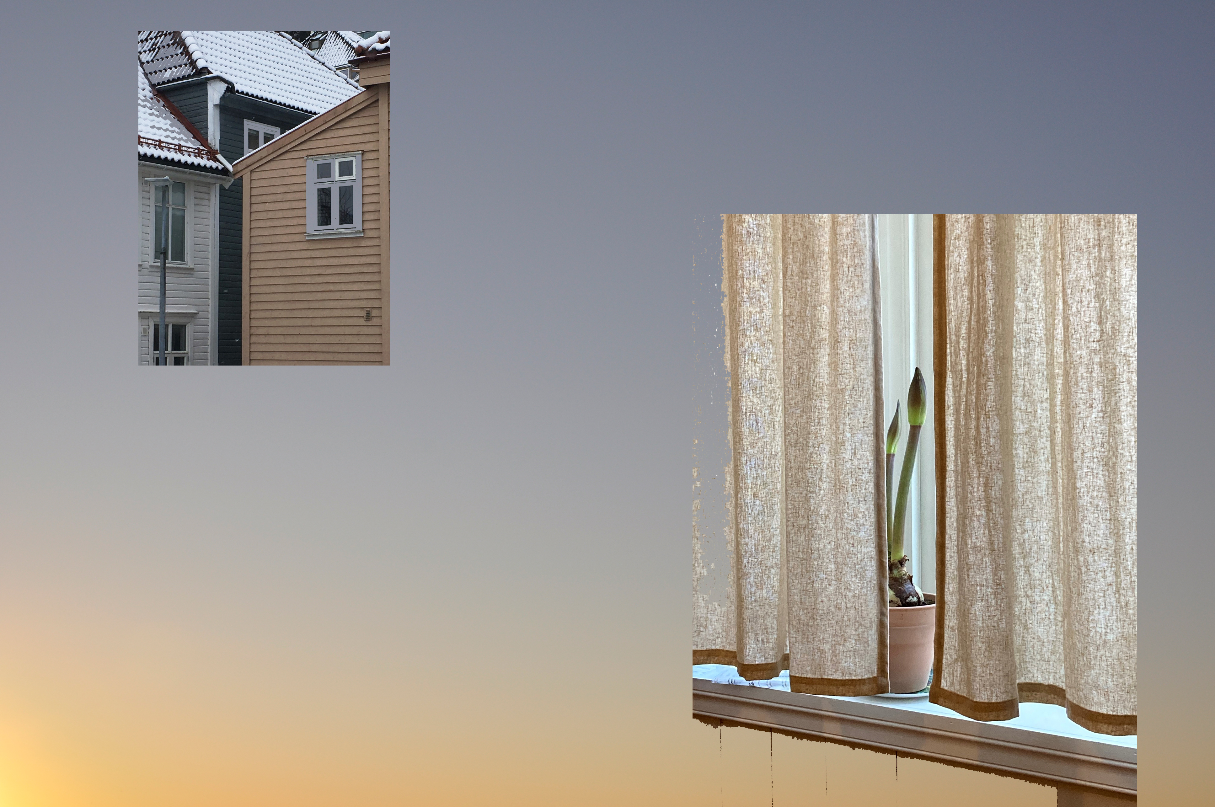 Collage of a sunset sky, interior photo of a curtain and facade of three timber houses
